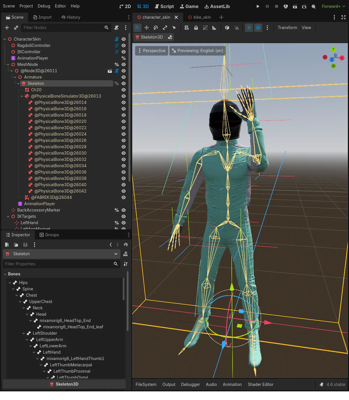 screenshot from godot editor showing the generated skeleton
